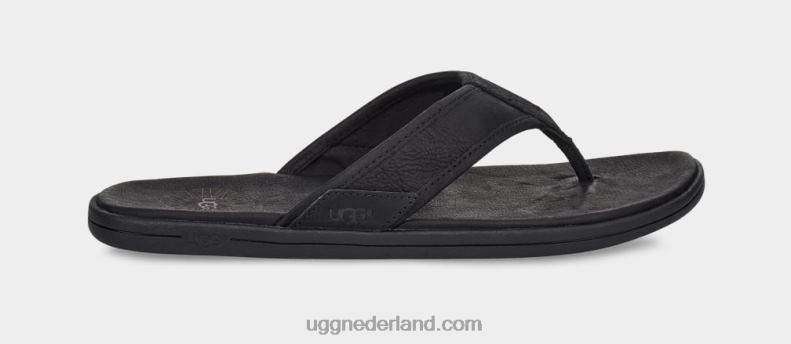 Heren zwart UGG lederen teenslipper aan zee 686ZP1550