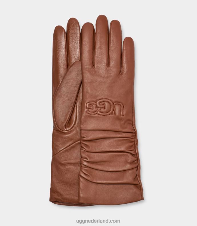 vrouwen kastanje UGG lederen handschoen met gekreukt logo 686ZP1347