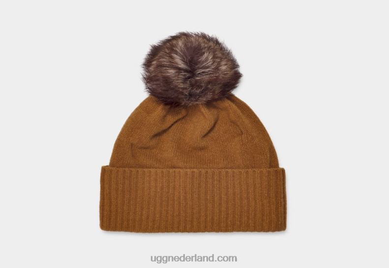vrouwen Cammello scuro UGG pryce ribgebreide muts met pom 686ZP148