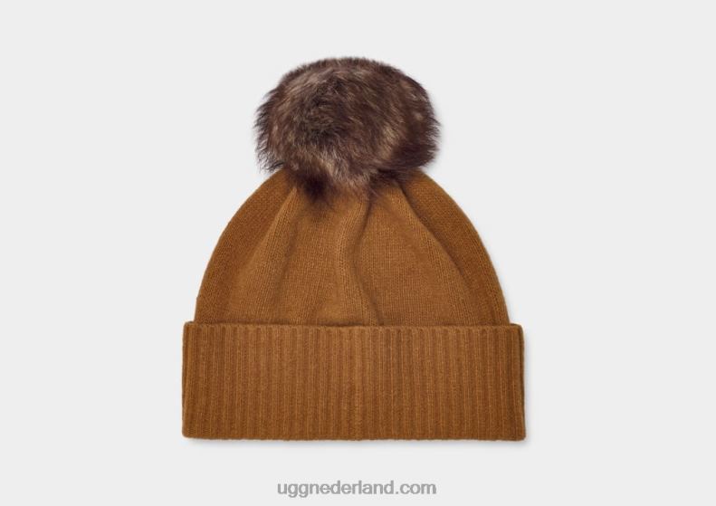 vrouwen Cammello scuro UGG pryce ribgebreide muts met pom 686ZP148
