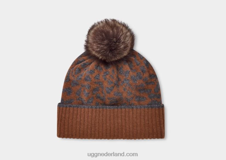 vrouwen toffee/medium grijs gemêleerd UGG pryce luipaard ribgebreide muts met pom 686ZP149