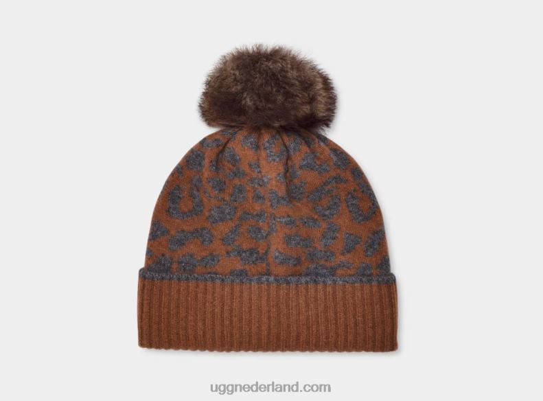 vrouwen toffee/medium grijs gemêleerd UGG pryce luipaard ribgebreide muts met pom 686ZP149