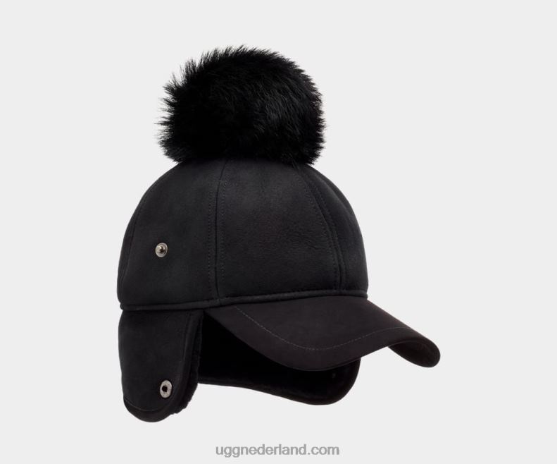 vrouwen zwart UGG leren pelsmuts van schapenvacht 686ZP1047