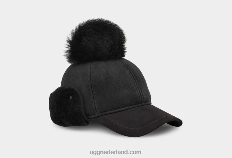 vrouwen zwart UGG leren pelsmuts van schapenvacht 686ZP1047