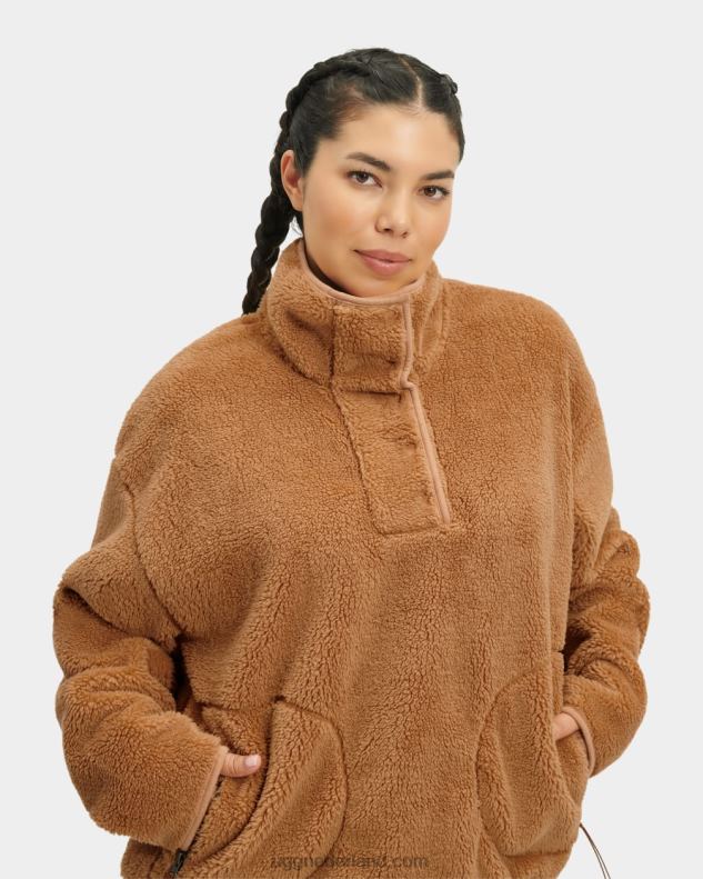 vrouwen geelbruin UGG atwell sherpa pullover met halve drukknopen 686ZP2199