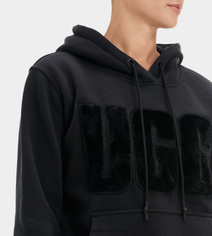 vrouwen zwart UGG grijze hoodie met fuzzy logo 686ZP903