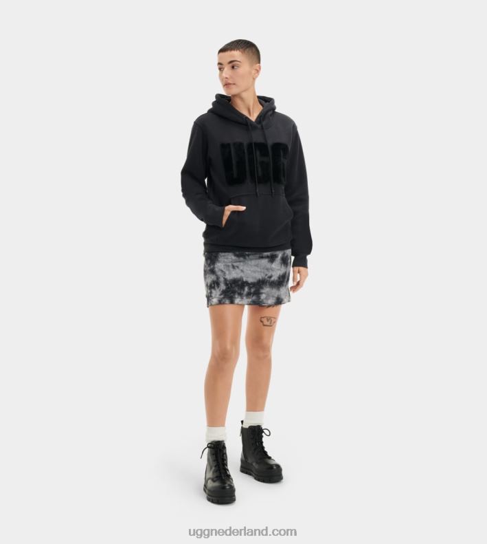 vrouwen zwart UGG grijze hoodie met fuzzy logo 686ZP903