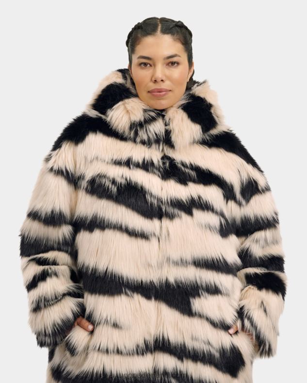 vrouwen zwart en creme UGG Koko oversized jas van imitatiebont 686ZP1275