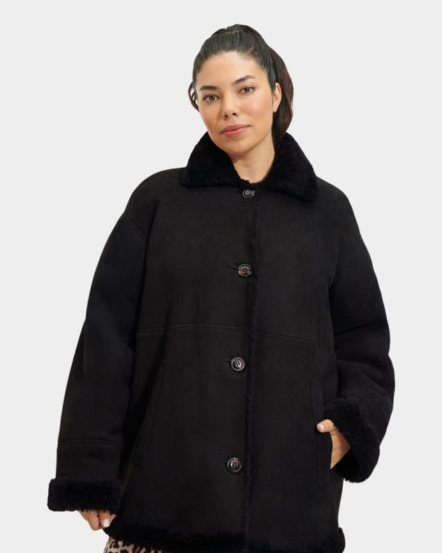 vrouwen zwart UGG faydon omkeerbare shearling jas 686ZP2267