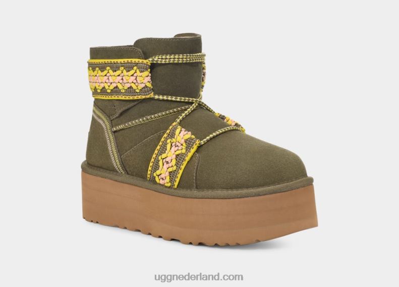vrouwen verbrande olijf UGG klassiek mini ii gevlochten platform 686ZP2135